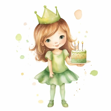 watercolor little princess clipart, green tone colors, big eyes, smiling, lovely, adorable, wearing crown, holding a piece of brithday cake, full body, on white background