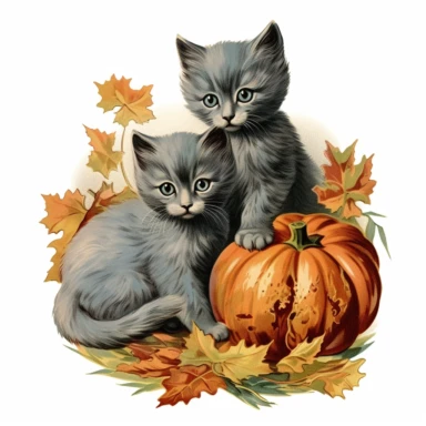autumn themed russian blue kittens, vintage clip art