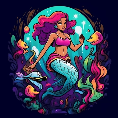 a clipart art T-shirt design black African American magical color colorful mermaid of the the sea cartoon Disney Pixar