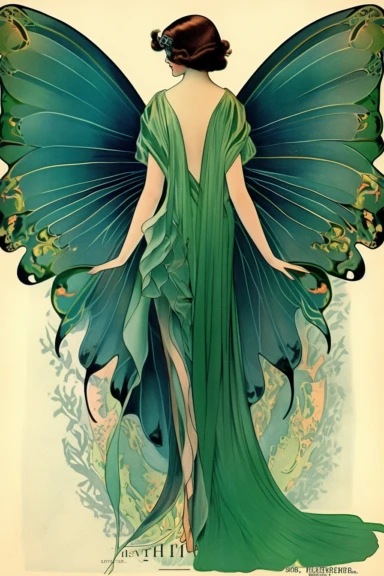 Vintage 1920 Symmetrical Fully Clothed Female Fairy with Large green Wings on its back Illustration, Chromolithograph, 1920s Illustration, Vintage, Antique, Ephemera, Clipart, 8k, on a vintage magazine cover