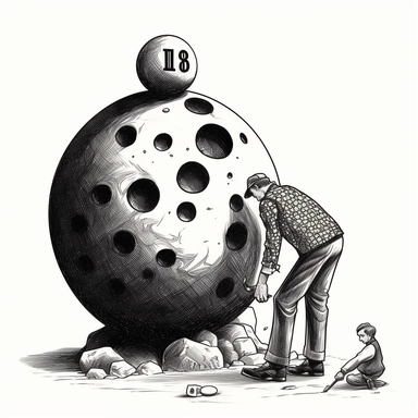 PT 1920’s spot illustration of a giant 8-ball crushing a tiny man, just his shoes showing under the 8-ball, Dover publications clip art, black and white, white background <#1101269105048305814>