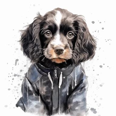 cute watercolor black and white spaniel puppy illustration, clipart, high detail wearing a fluffy raincoat with rain and puddles. high detail hd 8k, watercolor background,