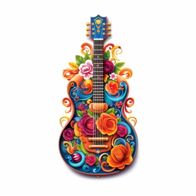 Against a white background, a clip art image showcases a meticulously detailed depiction of a guitar, adorned with vibrant and colorful elements. The guitar takes center stage, with its body and strings intricately illustrated to capture its essence. The body of the guitar features a vibrant burst of colors, blending seamlessly from one shade to another, evoking a sense of energy and creativity. Music notes, represented by a variety of shapes and sizes, dance playfully around the guitar, symboli