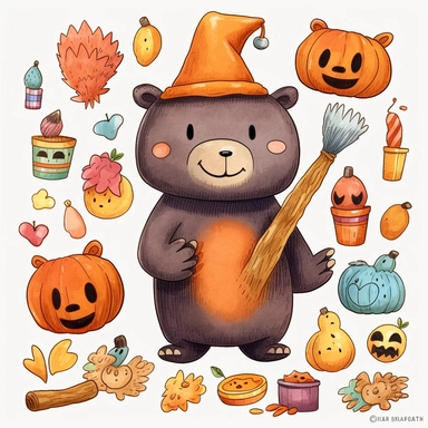 Whimsical wax crayons cute clip art trick or treating clipart halloween with bear, single items, cute items, wax crayons, no background. Clear simple shapes, cute, high quality, Procreate art, HD, 8k, detailed, wax crayons style illustration, digital illustration, white background