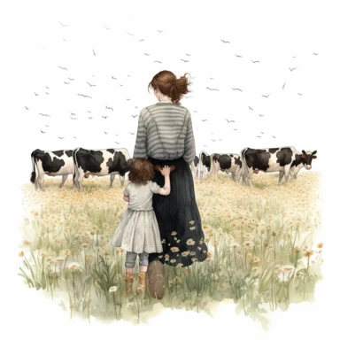Clipart, a faceless woman holding a child in a field of cows, a digital rendering by Laura Wheeler Waring, white background, shutterstock contest winner, american scene painting, detailed painting, watercolor, digital illustration