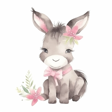 baby girl donkey flat illustration in watercolor style clipart, cartoonish, isolated, on white background
