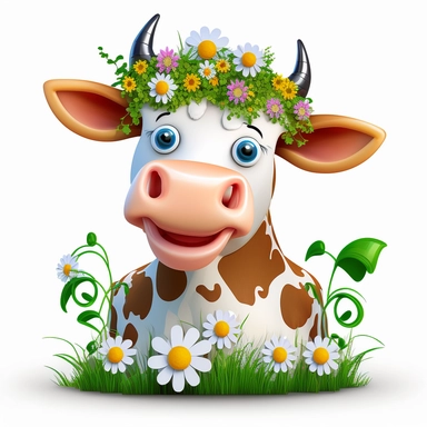 cow with a big smile and happy eyes, surrounded by flowers and green grass with cute cowbell around its neck clipart