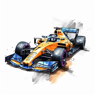 Clipart of the formula one car from Lando Norris with minimal details, aquarel colored cartoon style with thick borders. Only the car. White background, no floor, no shadow