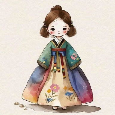 a cute little girl is wearing Korea traditional dress Hanbok. watercolor clipart, the skirt layers are designed to create a full and flowing silhouette, rainbow color jacket, The jacket worn by women in the royal family has long sleeves that are wide and
