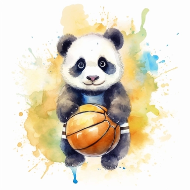 Create a watercolor illustration clipart of a playful cute Baby Panda Playing basketball, with its full body visible. Use soft, flowing brushstrokes and a warm, inviting color palette to create an image that is both charming and whimsical. Incorporate intricate details like the motion of the Baby Panda Playing basketball to create a lifelike, realistic image. Can add other elements to the illustration like related item to play to create playful scene. Use white background to allow the watercolor