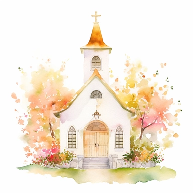 watercolor painting of wedding chapel clipart on plain white background, painted in the style of chiho aoshima