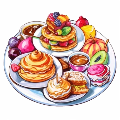 watercolor painting of pastry and desserts on a plate, in the style of colorful cartoon, iso 200, wimmelbilder, warmcore, high resolution, applecore, group material Clipart desert cartoon t-shirt graphic, vector,contour, isolated on a white background