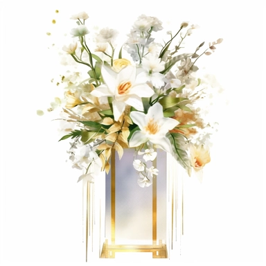 watercolour beautiful realistic white real floral wedding flower spray on gold rectangle tall frame stand realistic elegant wedding floral display stand with white glitter wedding flowers ,clip art graphics , PNG image,transparent background ,ultra highly detailed, 18k, sharp focus, bright photo with vibrant colours, digitally enhanced,photographic, enhanced graphics, png format, straight, sharp focus, bright lighting, intricate detailed png image ,high definition,300dpi,graphic clipart,computer