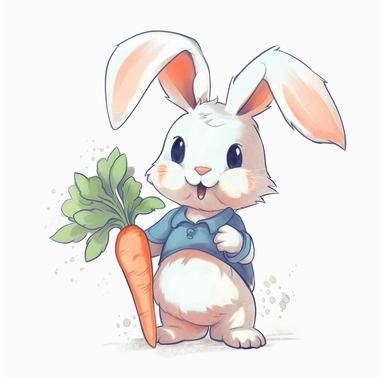 this is a clipart illustration with a bunny holding carrots, in the style of emotionally-charged brushstrokes, animated gifs, eiichiro oda, white and blue, lively action poses, soft and dreamy pastels, jan urschel,pure white background,tattoo sticker