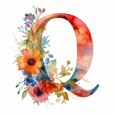 typographical logo letterQ serif font with floral watercolor, hand painting, ultra detail, 8k megapixel a careful touch white background for clipart