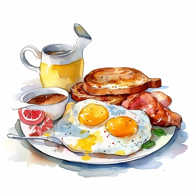 one breakfast time watercolor clip art on a white background, in the style of fine detailed, iconic, weathercore, broad palette knife marks, intense, no watermark, text, words, paintbrush, typography, the images do not stick together