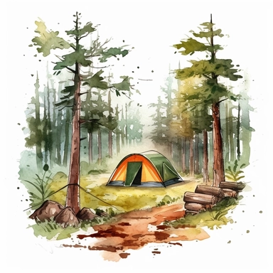 camping scene in forest watercolor style clipart on white background with margins