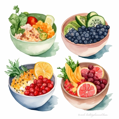 prompt watercolor clipart of a collection of various nutritious healthy bowls, presented in a flatlay style with a top-side view on a clean white background. Each bowl should be filled with a visually appealing arrangement of nutritious ingredients, showcasing their vibrant colors and textures. Ensure that the bowls are not overlapping or interacting with each other, maintaining a clear separation between them. Capture the details of each ingredient with delicate watercolor strokes, emphasizing 
