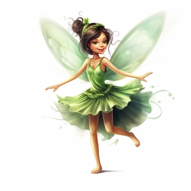Cheerful little fairy with green wings, standing on tiptoes, exuding happiness through a smiling face, deep, captivating eyes, and glistening wings, against a white canvas adorned with deep, contrasting tones. on white background, clipart