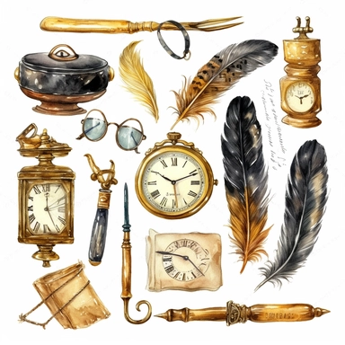 set of golden antique objects. old keys, clock, ink feather pen, nostalgic glasses isolated on white background. Watercolour clip art