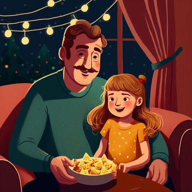father and a daughter smiling while sharing a bowl of plantain chips in front of a christmas tree in their living room, cozy, warm, night time, christmas decoration, happyness, clipart illustration