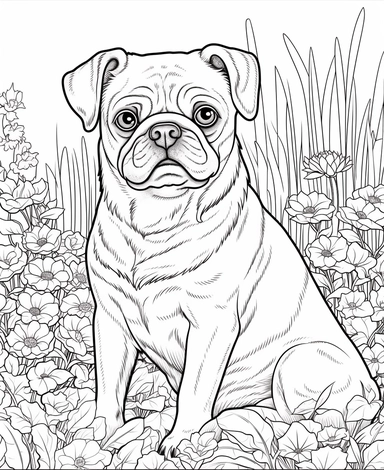 expert coloring page style of realistic pug Dog breed Clipart, simple garden background, simple line art, line is crisp and clean, easy to color, masterpiece