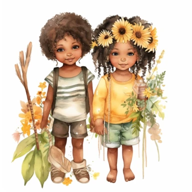 pretty African American children's nursery style water color clipart, 2 cute kids, wearing boho style clothing realistic digital art, white background, s1000