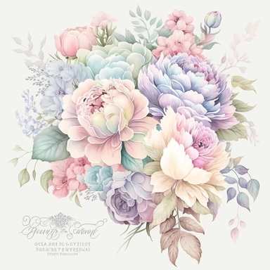 soft colorful pastel colored floral arrangement clipart, soft and subtle, colorful fairy pastel colors watercolor style, fawncore, roses and peonies, patel blue and pink pastel colors, muted pastel colors, plain white background, use of fabric, excellent depth of shading in soft watercolor style, watercolor artwork, plain white background for transparent editing