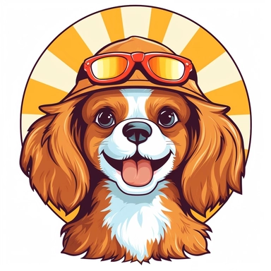 Bring the sunny vibes of summer to your designs with an adorable cartoon-style clipart of a Cavalier King Charles Spaniel enjoying the season against a clean white background. Envision a cute and playful Pomeranian with a big smile, bright eyes, and perha