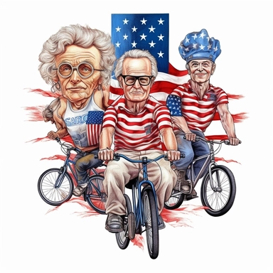 patriotic holiday bike riding icons, in the style of hyperrealistic murals, caricature-like illustrations, ivan albright, david nordahl, stan lee, enchanting watercolors, digital painting Clipart desert cartoon t-shirt graphic, vector, contour, isolated on a white background