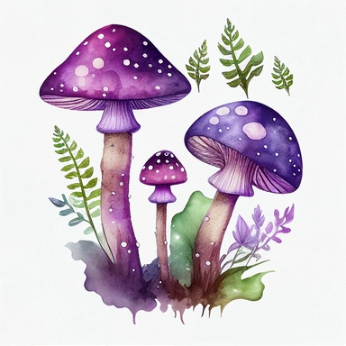 Watercolour Magic Mystical Mushrooms clipart purple. One larger mushroom and 2-3 smaller ones growing as a group from the ground. no other mushrooms. a little bit of green plants and leaves around without inclusions or dots or circles. white background