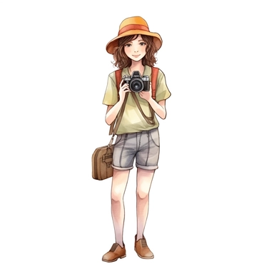 Cute adventurest female photographer with a camera, Cute and summer outfit, Watercolor style, clipart solid white background