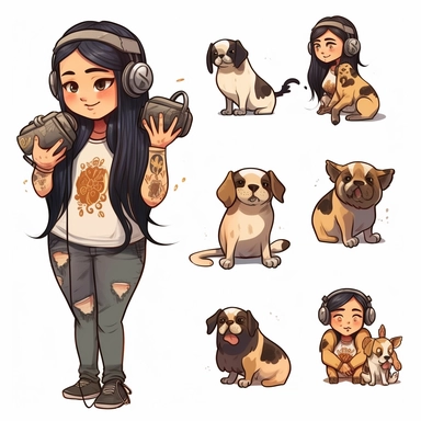 a watercolor Kawaii looking gamer chibi character of a girl with black long hair with tattoo sleeves and her big brown overweight dog with floppy ears and white chest. Together they do different emotional expressions. On white background as clipart. 6 panels with very different poses.