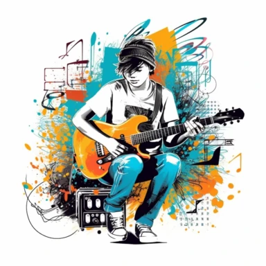 Music notes and instruments, a teenager playing hardrock, vector style graphic, cool vibe, clipart, single design, white background