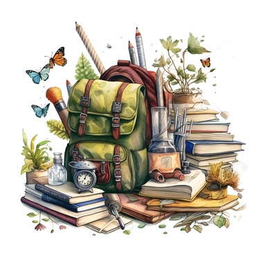 stationery, books, notebooks, pencils, backpacks, folders, globes, computers, and many more, illustrations, clipart, meticulously hand-illustrated, bringing the beauty of nature, white background