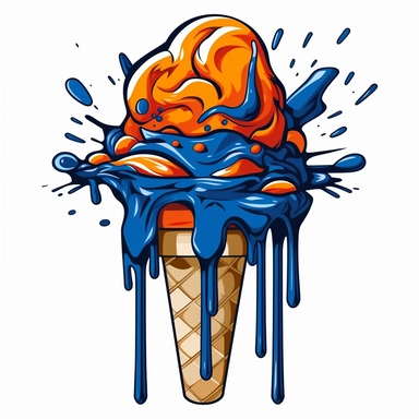 clipart comicbook fine-line art, dripping dark-blue and orange icecream