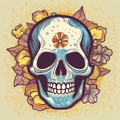 Create a clipart-style illustration of a skull with a Grateful Dead-inspired design, where colorful images resembling tattoos are placed only on the skull itself. The skull should have a joyful expression, as if it's laughing, and incorporate a few flowers around or on it. Begin by sketching the outline of the skull, focusing on its key features like the eye sockets, nasal cavity, and jawline. Keep the lines simple and clean, adhering to the clipart style. Within the boundaries of the skull, pla