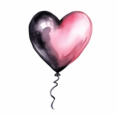 Watercolor pink and black birthday heart shape balloon drawing, illustration clipart, high detailed, white background, digital art