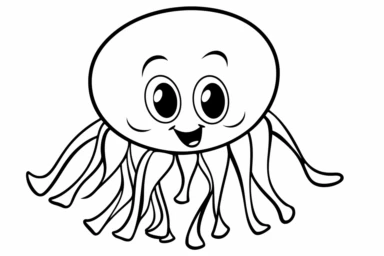 very simple and young colouring in activity sheet for pre-schoolers, black and white, outline lines only, clipart jelly fish in style of pixar