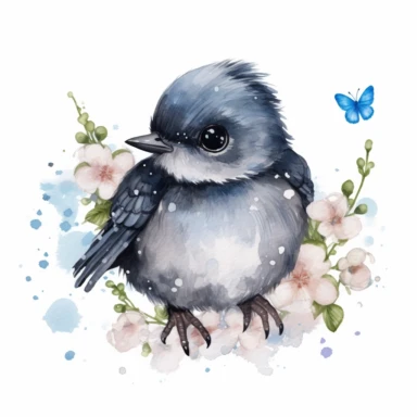 watercolor funny create kawaii marbled black ,silver, blue, chibi robin with forgetmenot flowers with babysbreath clipart, isolated on white background,space out--ar3:2--s1000