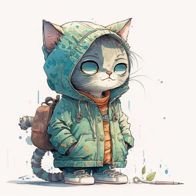 children's book illustration of a cute cat wearing clothes, cute kawaii, by Gene Luen Yang, realistic, smooth watercolor details, in the style of Pixar, superb color, outline, nursery art, popular on pinterest, clipart, trending on artstation, minimalist, flat design, white solid background, insane deails, intricate details--upbeta