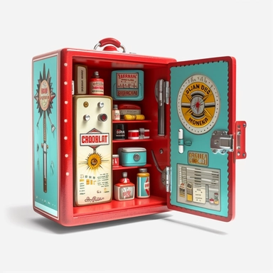 emergency health box 50's style, paint art style, furniture 50's style, detail, clipart, white background, superrealistic, one of a kind