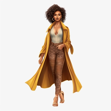 realistic illustration of Fashion-forward African American woman: Illustrate a clipart of a stylish African American woman wearing fashionable clothing and accessories. Showcase her confidence and individuality through her outfit and pose. clipart, isolated on white background, 4K