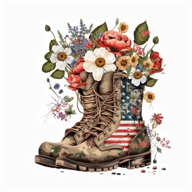 A Pair of Old Veteran Boots Combined with American Flag, Many Various Beautiful and Bright Boho Florals Flowers Inside Boots, Sublimation Clipart, on a white background