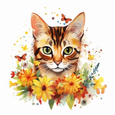 Toyger Cat with flowers, watercolor, sharp illustration clipart, insane detail, white background