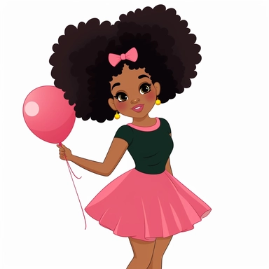 a cute Black woman with elegant pink dress and make up with balloon in hand, afro puffs, flat vector clipart