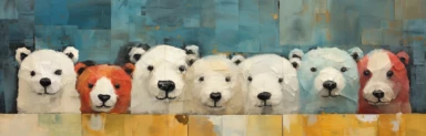 a row of cute miniature polar bear cubs, a collage of mixed media art made with tissue paper, magazine and newspaper clippings, oil paint, graphite pencil lines and fabric, in the style of playful surrealism, whimsical, washi tape