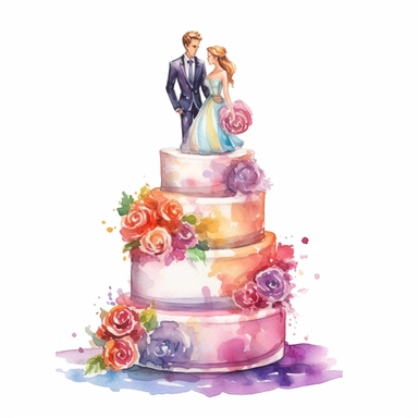 full perspective, watercolor three tier wedding cake clipart, add groom and bride figurines, vibrant colors, add flowers and glitter, on a white background