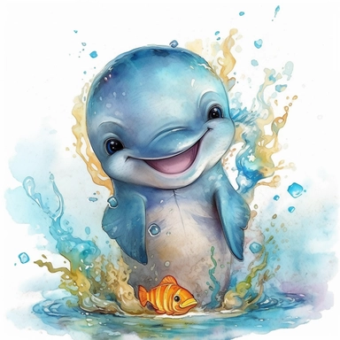 happy cute baby dolphin for kids playing with funny items, cartoon, highly detailed, watercolor, clipart, illustration, digital painting, paper crafting, no signature, no text