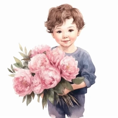 Little boy with bouquet of pink peonies in his hands fashion illustration clipart, watercolor style, realistic and highly detailed, on white background, HQ, HD